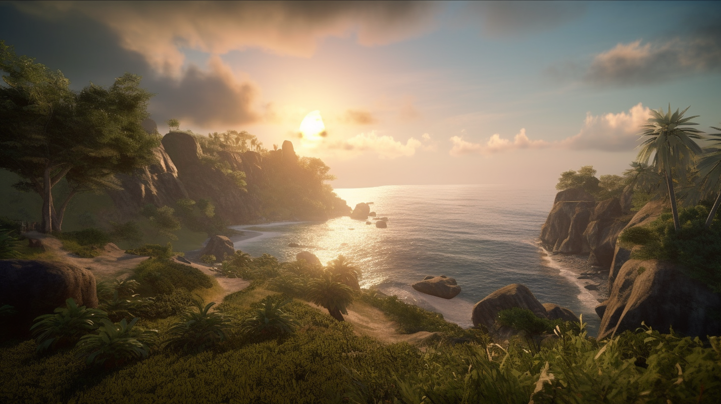 The sun is just rising in the early morning, the jungle on the island is on the left, the middle and right is an endless sea, between the sea and the jungle is the beach, at the foot is a piece of grass protruding from the island, the grass is not far from the cliffs intersecting with the sea, and sea birds are hovering over the beach.:: photorealistic::2 natural lighting::1 --ar 16:9 --v 5